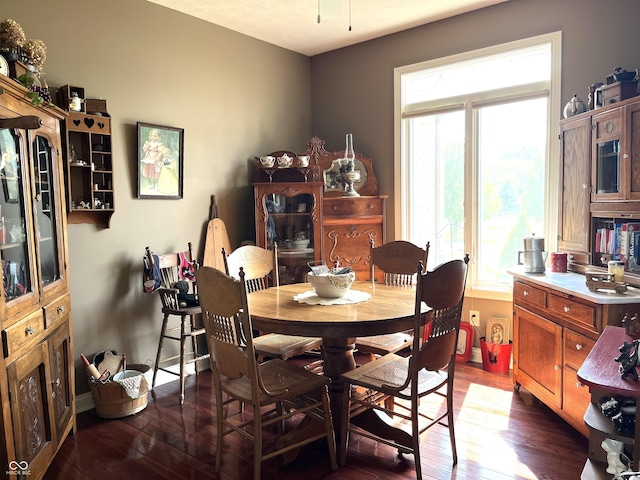 dining space featuring a wealth of natural light, dark wood finished floors, and baseboards