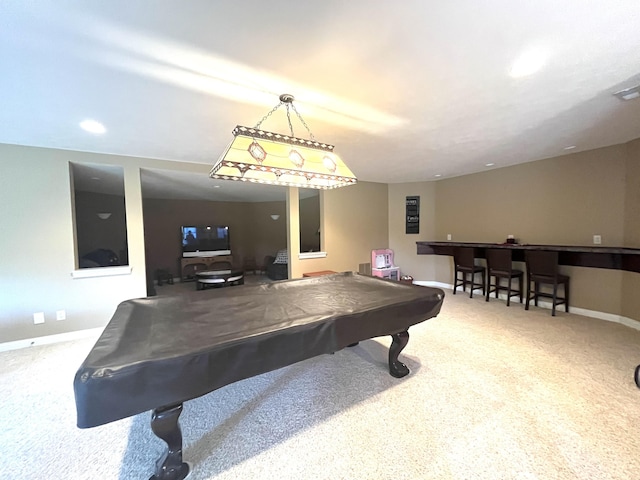 rec room with carpet floors, billiards, and baseboards