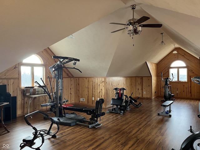 exercise area featuring wooden walls, vaulted ceiling, and wood finished floors