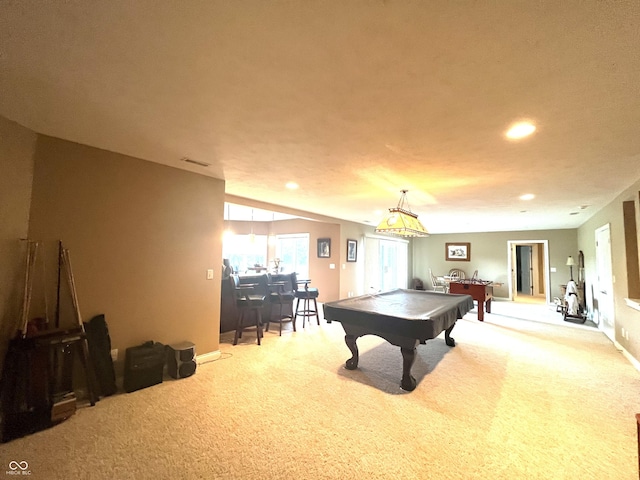 playroom with pool table, carpet, and recessed lighting