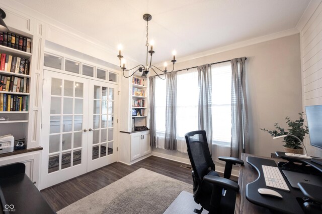 home office featuring an inviting chandelier, french doors, dark wood-style flooring, and ornamental molding