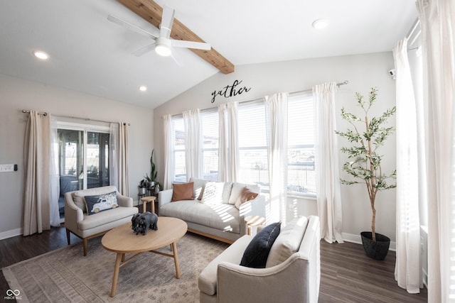 living room featuring a ceiling fan, lofted ceiling with beams, wood finished floors, and baseboards