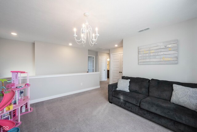 carpeted living area with recessed lighting, visible vents, a chandelier, and baseboards