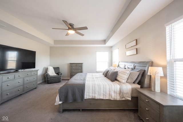 carpeted bedroom with multiple windows, a raised ceiling, and baseboards