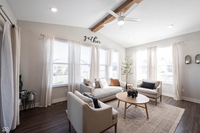 living room with visible vents, vaulted ceiling with beams, baseboards, a ceiling fan, and dark wood-style flooring