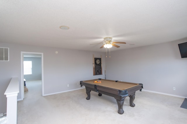 playroom with baseboards, visible vents, light colored carpet, pool table, and a textured ceiling