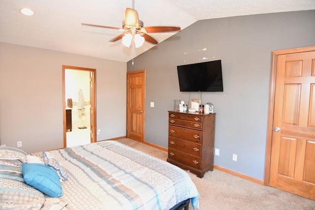 bedroom with light carpet, lofted ceiling, a ceiling fan, and baseboards