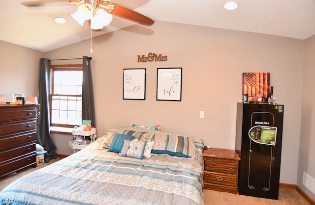 bedroom featuring ceiling fan, recessed lighting, carpet floors, baseboards, and vaulted ceiling