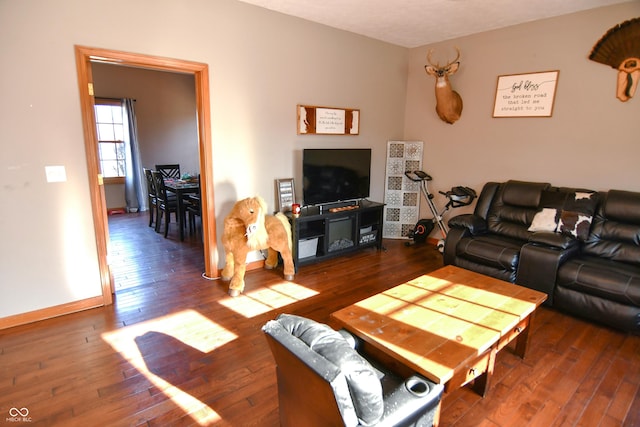 living room with hardwood / wood-style flooring and baseboards