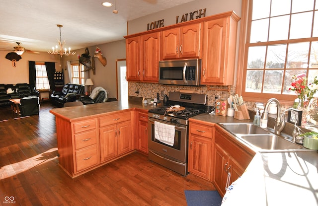 kitchen with dark wood-style flooring, stainless steel appliances, a sink, a peninsula, and ceiling fan with notable chandelier