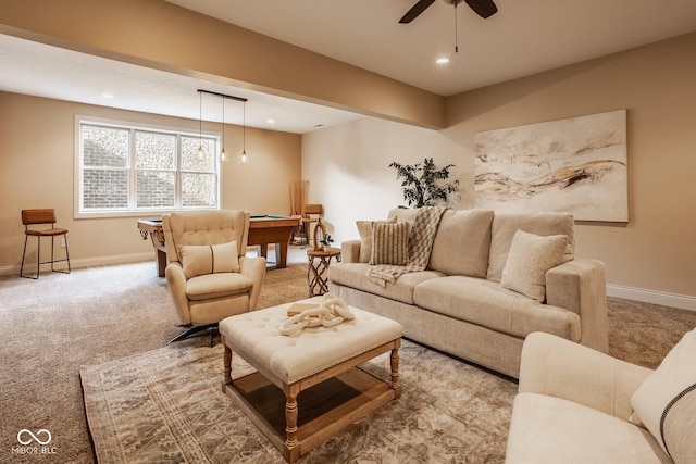 carpeted living area featuring recessed lighting, baseboards, ceiling fan, and billiards