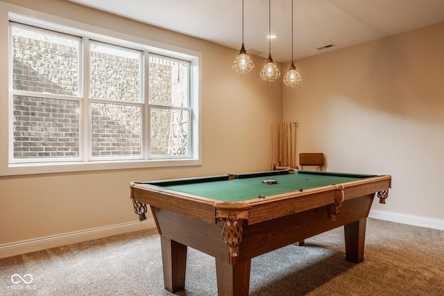 recreation room with visible vents, pool table, baseboards, and carpet