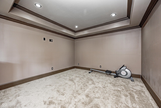 carpeted empty room with baseboards, crown molding, and a tray ceiling