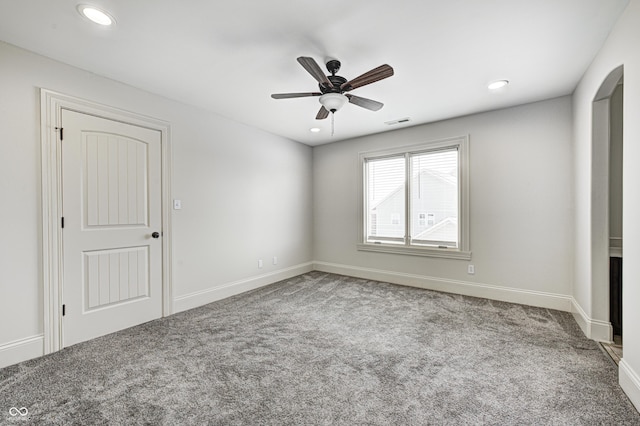 unfurnished bedroom with recessed lighting, baseboards, visible vents, and carpet floors