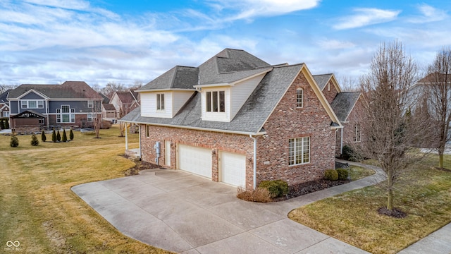 view of home's exterior featuring driveway, a lawn, roof with shingles, and brick siding