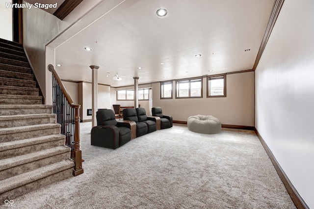 cinema room with recessed lighting, baseboards, carpet flooring, and crown molding