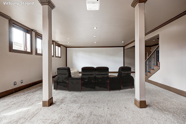 basement featuring baseboards, stairs, ornamental molding, carpet floors, and recessed lighting