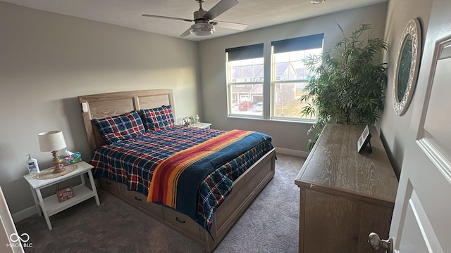 bedroom with carpet, baseboards, and ceiling fan