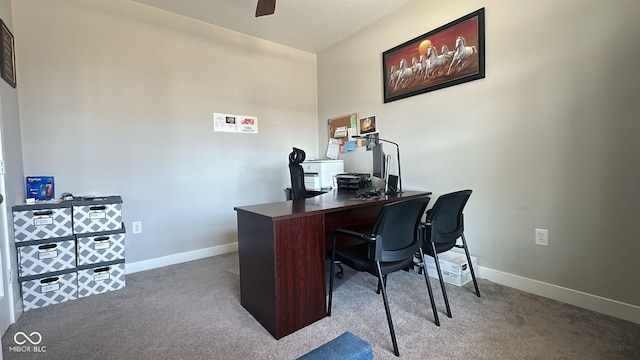 office with carpet flooring, baseboards, and ceiling fan