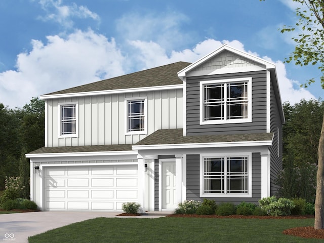 view of front of property with board and batten siding, concrete driveway, a garage, and roof with shingles