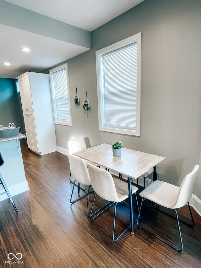 dining room featuring dark wood-style floors, recessed lighting, and baseboards