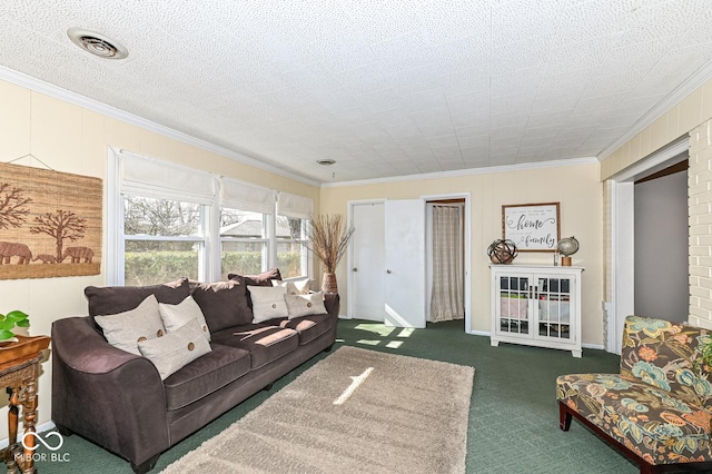 carpeted living area featuring crown molding, visible vents, and a textured ceiling