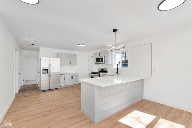 kitchen with visible vents, a peninsula, stainless steel appliances, light wood-type flooring, and a sink