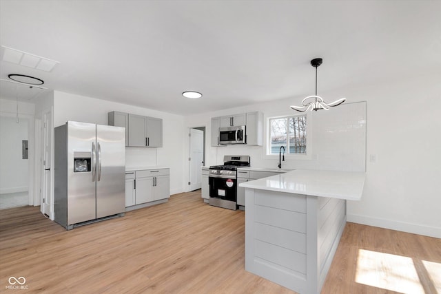 kitchen with light wood finished floors, a peninsula, appliances with stainless steel finishes, and gray cabinetry