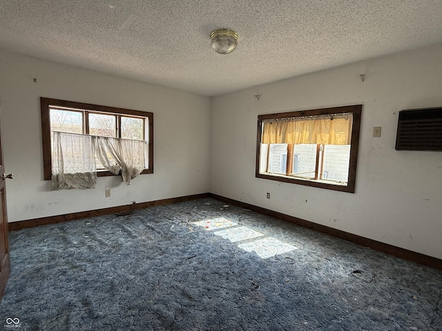 empty room featuring baseboards, carpet, and a textured ceiling