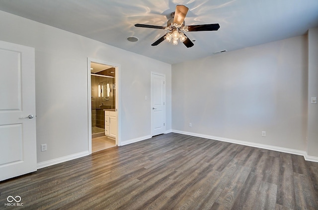 unfurnished bedroom with dark wood finished floors, visible vents, ceiling fan, and baseboards