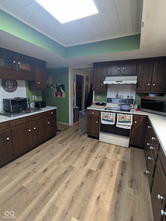 kitchen featuring a raised ceiling, electric stove, stainless steel microwave, light countertops, and under cabinet range hood