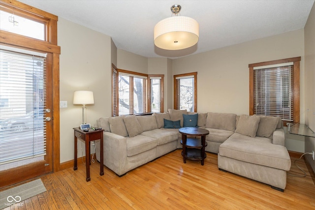 living room with baseboards and light wood-type flooring