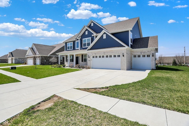 craftsman inspired home with a garage, a front yard, brick siding, a shingled roof, and driveway