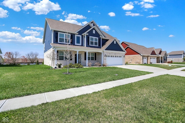 view of front of home with a porch, a front yard, brick siding, an attached garage, and concrete driveway
