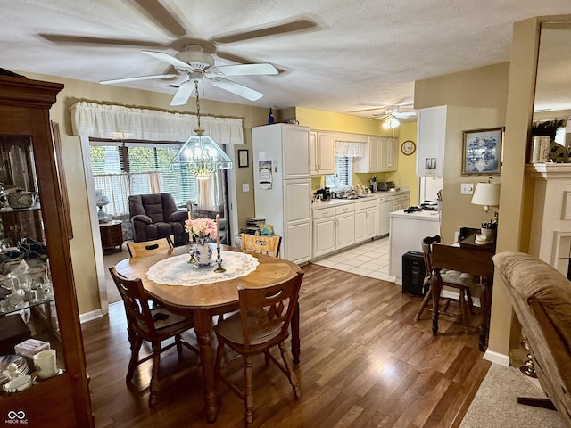 dining space featuring light wood-type flooring, ceiling fan, and a textured ceiling