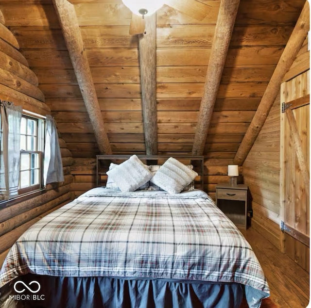 bedroom featuring rustic walls, wood ceiling, wood finished floors, and vaulted ceiling with beams