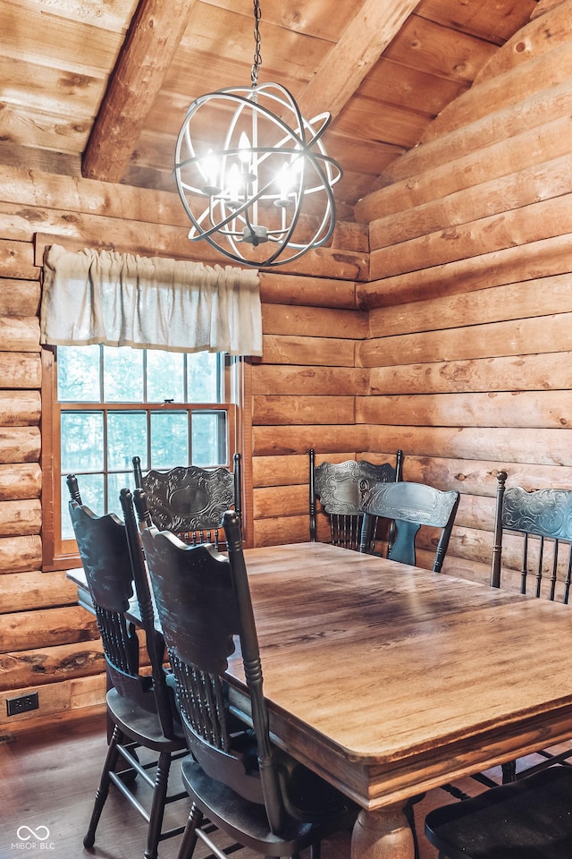 dining area featuring vaulted ceiling with beams, wooden ceiling, wood finished floors, a notable chandelier, and log walls