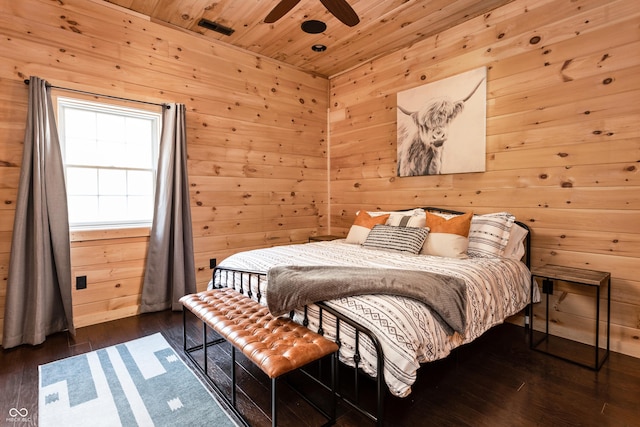 bedroom featuring wooden walls, wooden ceiling, a ceiling fan, and wood finished floors