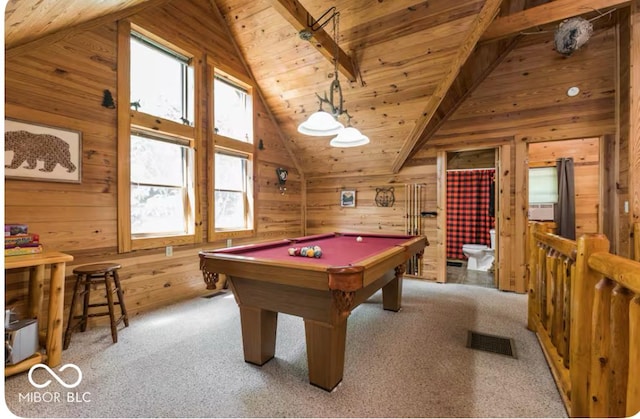 recreation room featuring wooden walls, vaulted ceiling with beams, carpet floors, wooden ceiling, and billiards