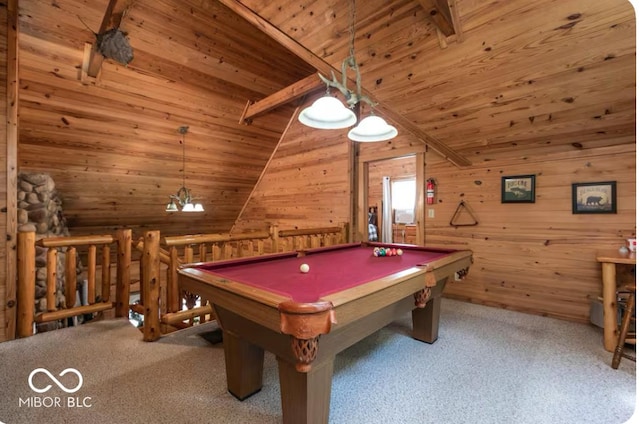 game room featuring wooden walls, pool table, vaulted ceiling with beams, carpet floors, and wooden ceiling