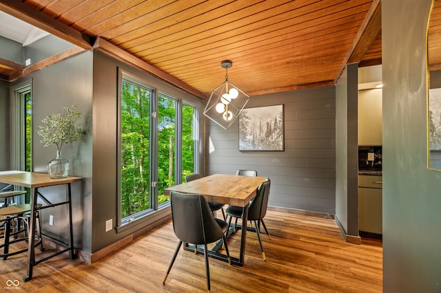 dining area featuring light wood finished floors, a notable chandelier, wood ceiling, and baseboards