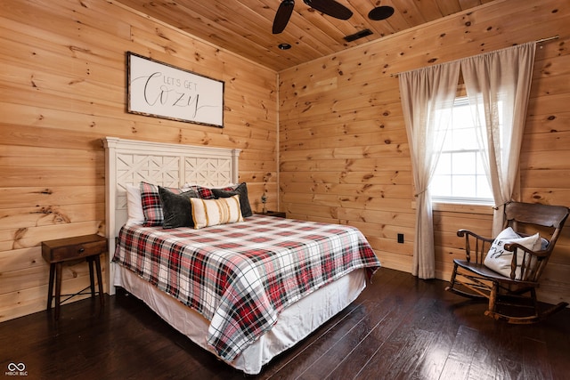 bedroom with dark wood-style floors, wood walls, and wooden ceiling