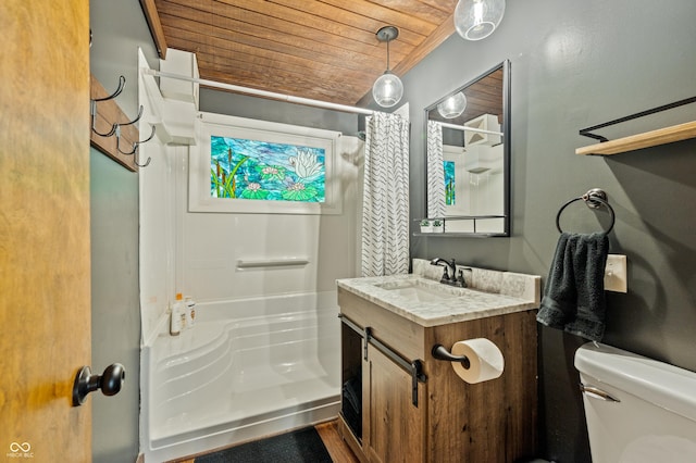 full bath featuring curtained shower, wood ceiling, vanity, and toilet