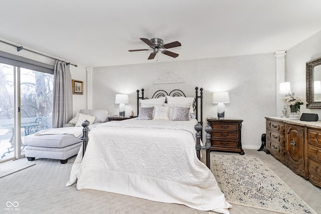 bedroom featuring ceiling fan, access to exterior, baseboards, and light carpet