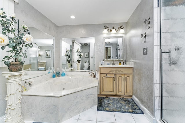 full bath with toilet, a stall shower, tile patterned flooring, a bath, and vanity