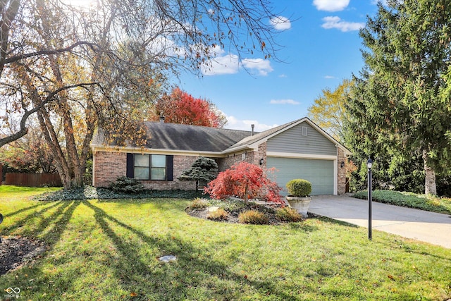 ranch-style house with brick siding, fence, a front yard, a garage, and driveway