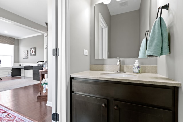 bathroom featuring visible vents, vanity, and wood finished floors