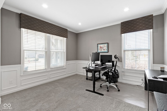 office area featuring a wainscoted wall, recessed lighting, carpet, and ornamental molding