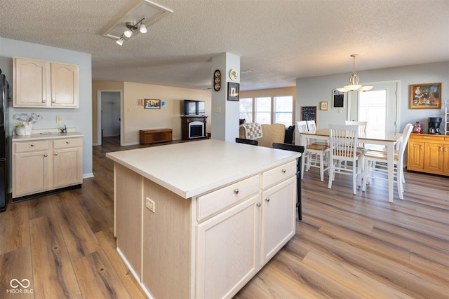 kitchen with light countertops, wood finished floors, open floor plan, and a textured ceiling