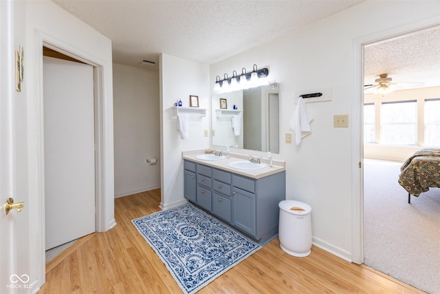 bathroom with a sink, a textured ceiling, wood finished floors, and double vanity